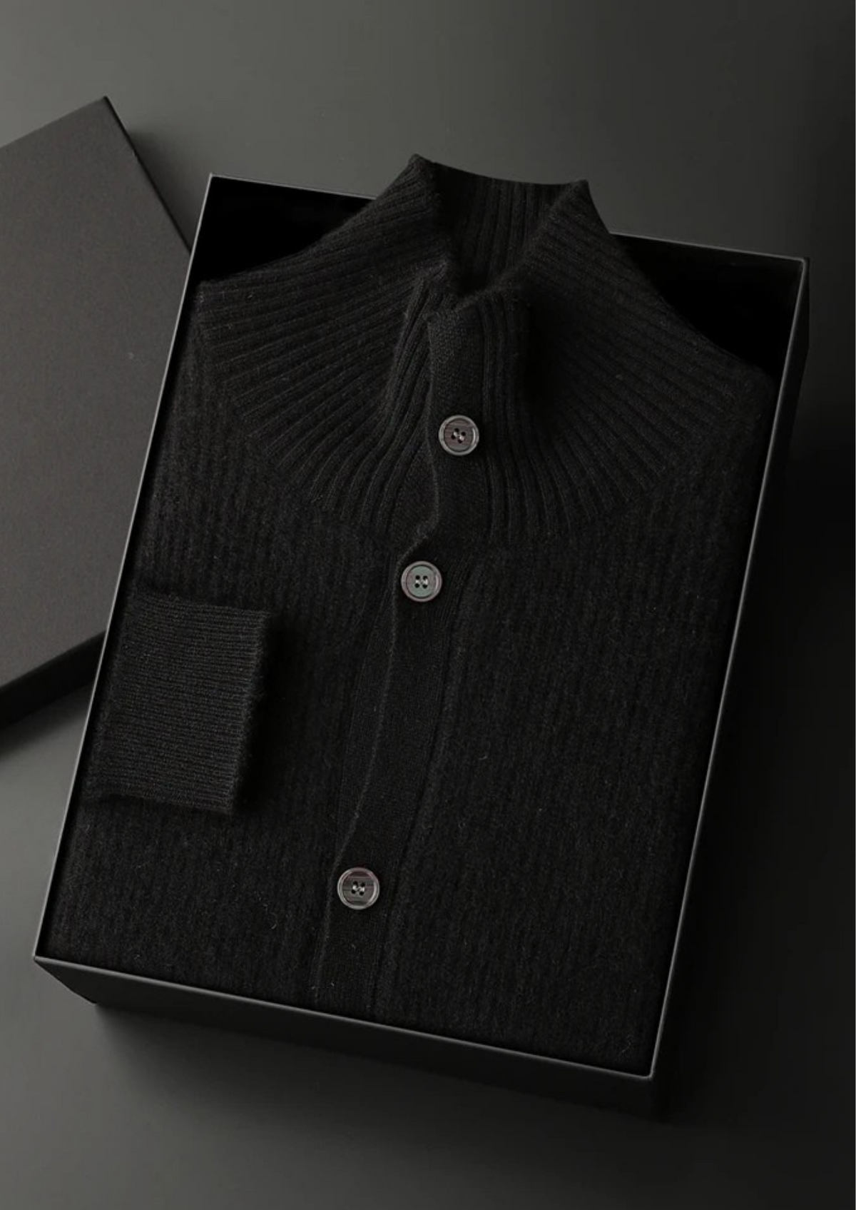 PREMIUM CASHMERE RIBBED HIGH COLLAR CARDIGAN